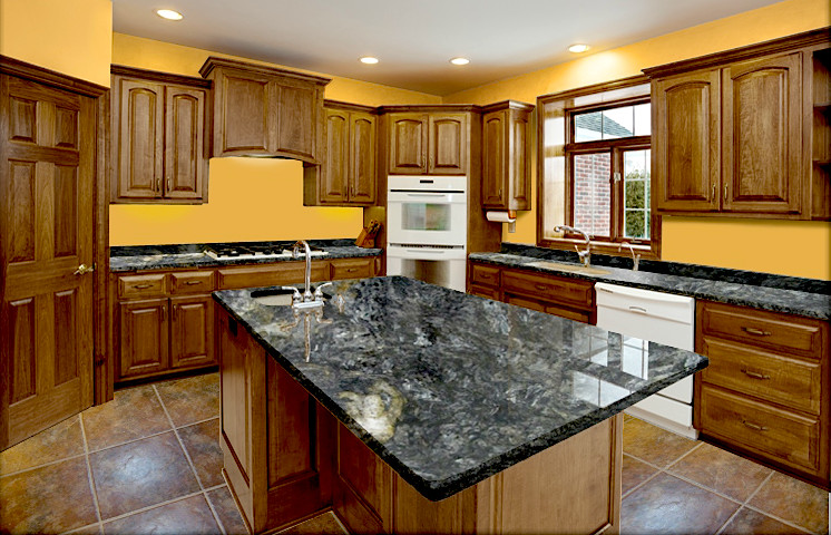 Inspiration for a mid-sized transitional l-shaped travertine floor and brown floor kitchen remodel in Minneapolis with an undermount sink, raised-panel cabinets, dark wood cabinets, granite countertops and an island