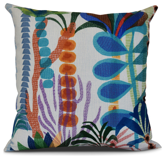 16x16", Tropical Jungle, Floral Print Outdoor Pillow, Light Blue