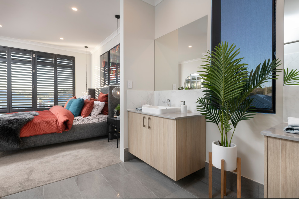 Mid-sized contemporary 3/4 bathroom in Perth with flat-panel cabinets, beige cabinets, beige walls, porcelain floors, a vessel sink, grey floor and grey benchtops.