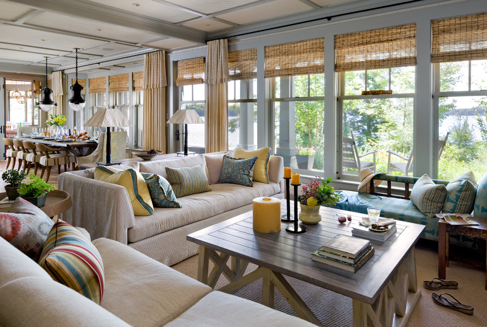 Inspiration for a beach style open concept family room in Other.
