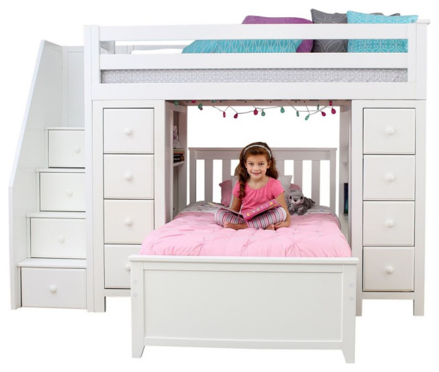 white bunk beds with shelves