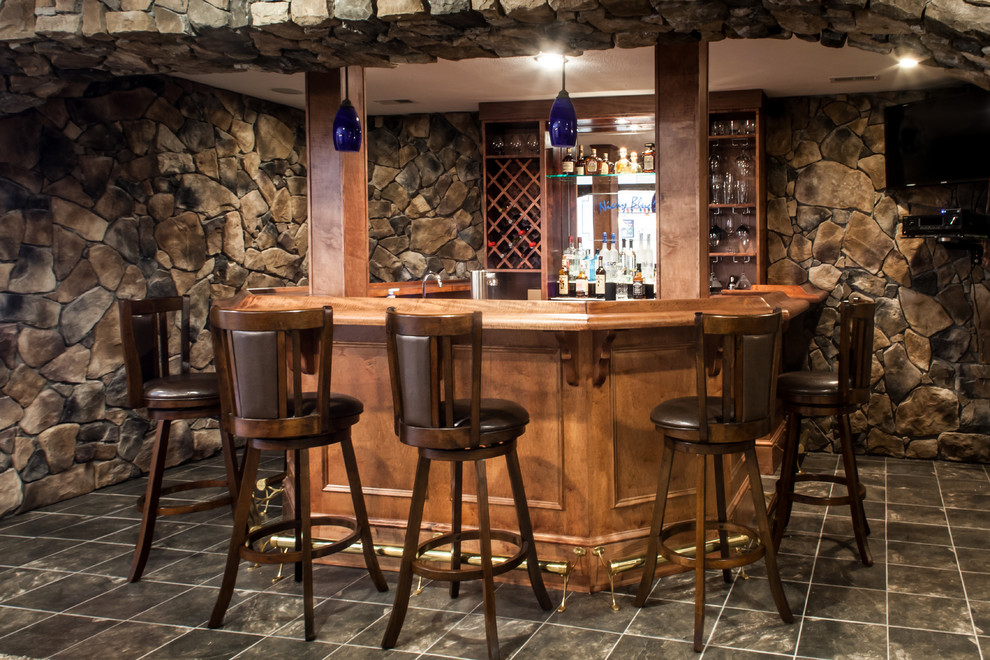 Home bar - large transitional walk-out porcelain tile home bar idea with gray walls and no fireplace