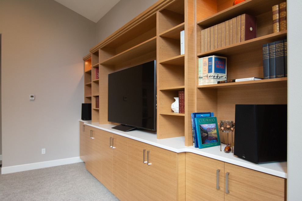 Imagen de sala de estar con biblioteca actual de tamaño medio con paredes grises, moqueta, pared multimedia y suelo gris