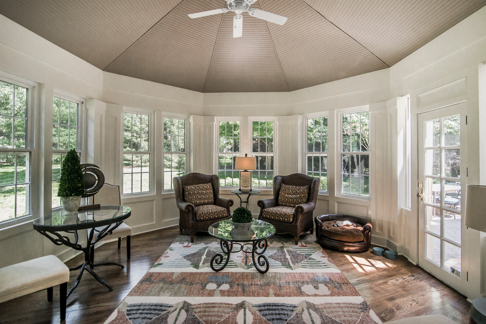 Photo of a traditional sunroom in Columbus with dark hardwood floors, no fireplace and a standard ceiling.