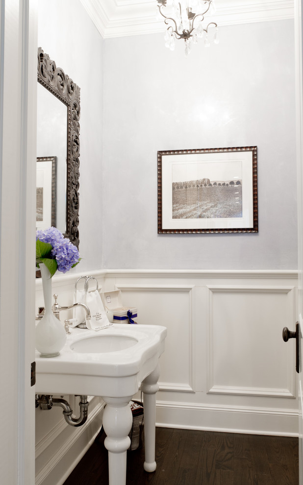 Photo of a traditional powder room in New York with a console sink.