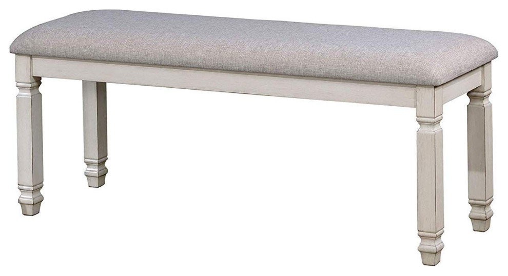 Fabric Padded Dining Bench, Antique White, Standard Height French