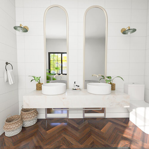 Photo of a mid-sized modern master bathroom in San Francisco with white cabinets, white tile, porcelain tile, white walls, medium hardwood floors, marble benchtops, brown floor, white benchtops, a double vanity and a floating vanity.