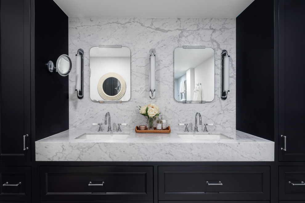 Photo of a transitional master bathroom in New York with shaker cabinets, black cabinets, an undermount sink, quartzite benchtops, grey benchtops, a double vanity and a built-in vanity.