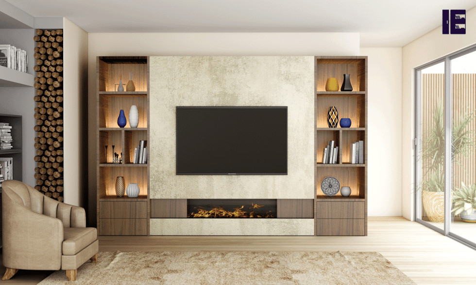 Design ideas for a large contemporary open concept home theatre in London with a wall-mounted tv.