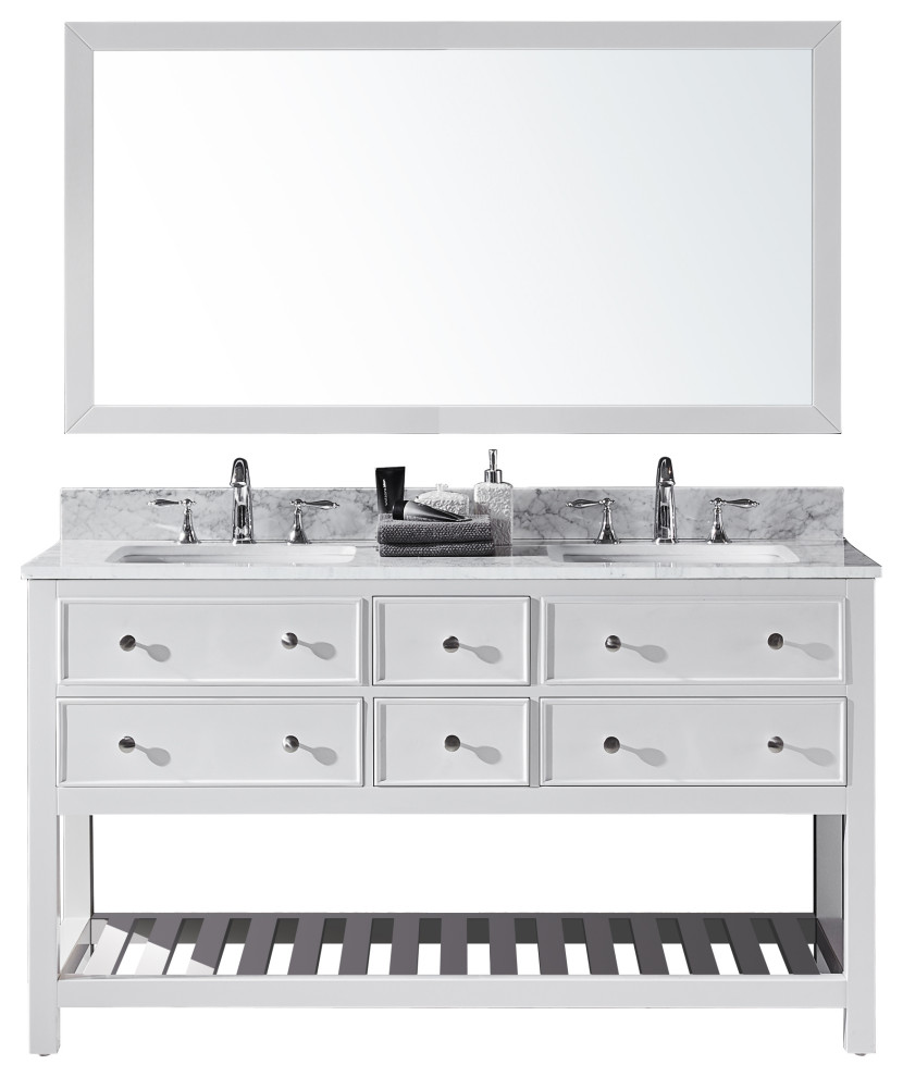 60" Double Sink Bathroom Vanity With Carrara Marble Top, Baskets, and Mirror