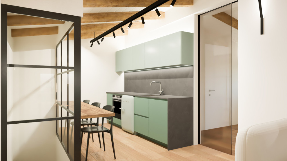 This is an example of a small single-wall eat-in kitchen in Other with an undermount sink, flat-panel cabinets, green cabinets, quartz benchtops, grey splashback, porcelain splashback, stainless steel appliances, light hardwood floors, no island, brown floor, grey benchtop and exposed beam.