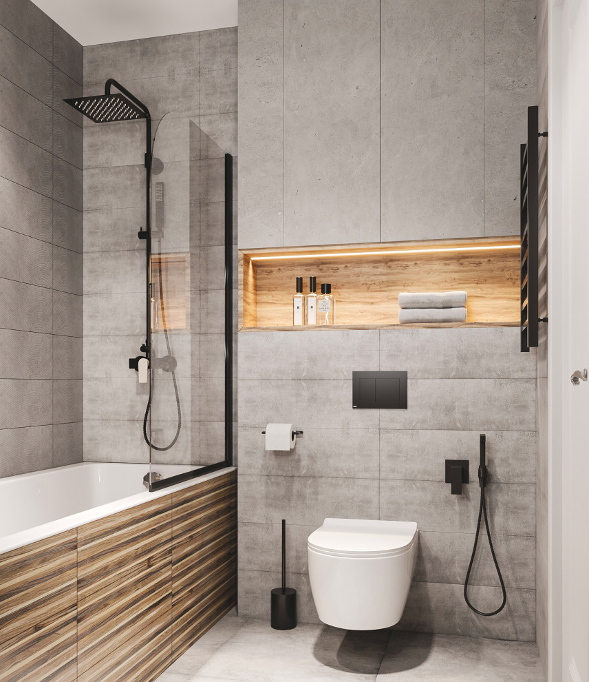 Cette photo montre une salle de bain tendance avec un carrelage gris, des carreaux de porcelaine, un plan de toilette en surface solide, un plan de toilette blanc et meuble simple vasque.