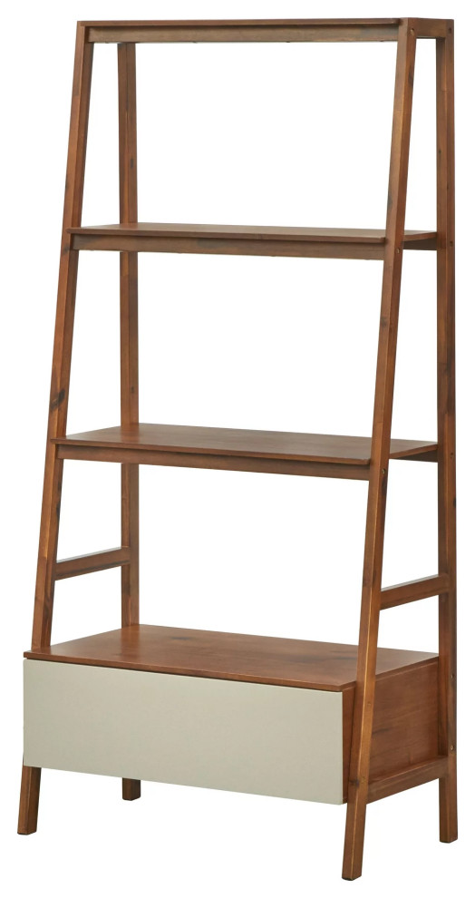 Retro Bookcase, Ladder Design With Lower Drawer & 3 Shelves, Walnut