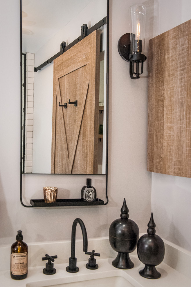 Double shower - mid-sized transitional master white tile and ceramic tile porcelain tile double shower idea in Chicago with shaker cabinets, turquoise cabinets, gray walls, an undermount sink and quartzite countertops