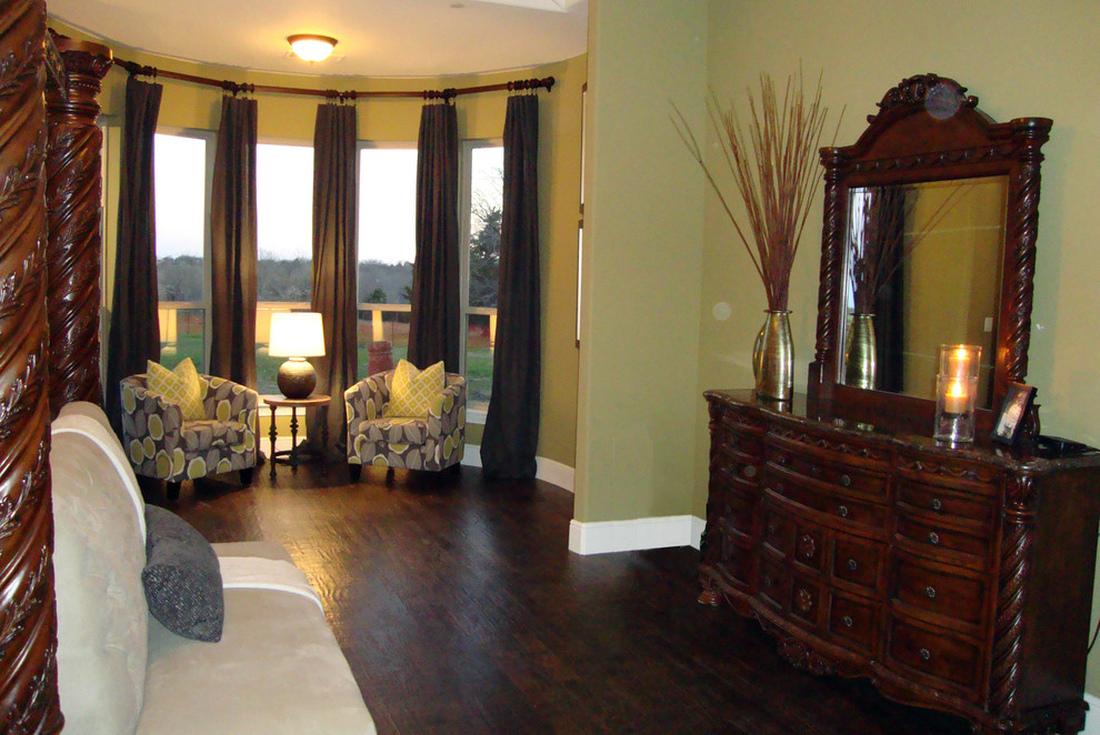 Photo of a large contemporary master bedroom in Dallas with green walls and dark hardwood floors.