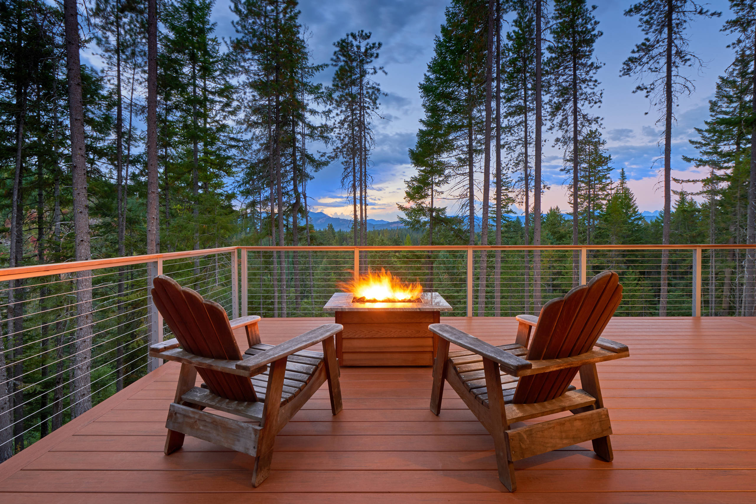 Close-up of the fire pit with northern views from deck.