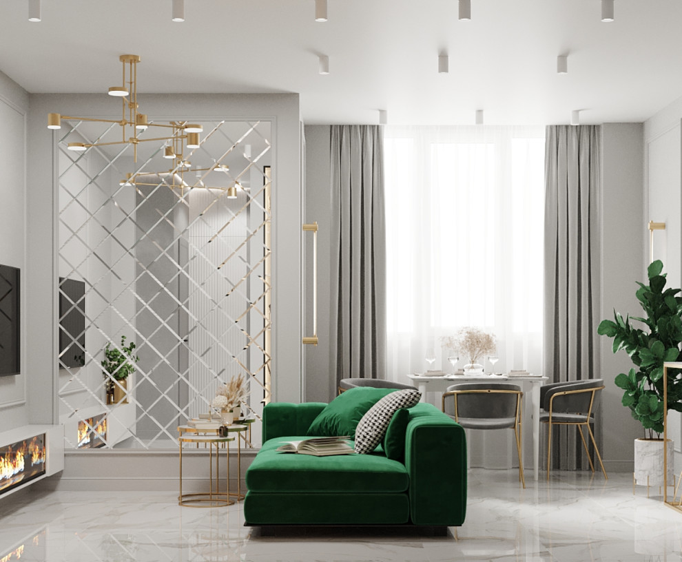 Квартира с гостиной с элементами ар-деко в современной интерпретации