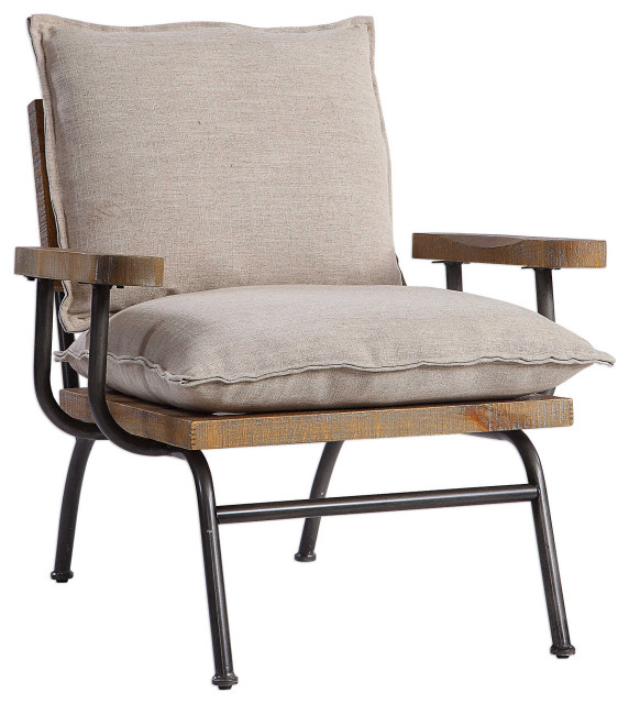 Retro Minimalist Wood Iron Arm Chair | Mid Century Industrial Farmhouse Pillow