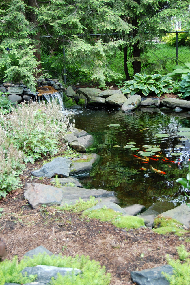 Photo of a traditional shade backyard water fountain landscape in Chicago.