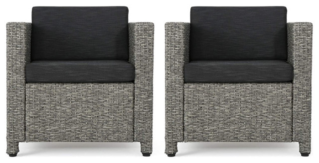 Set of 2 Patio Lounge Chair, Dark Gray Wicker Frame & Mixed Black Cushioned Seat - Tropical ...