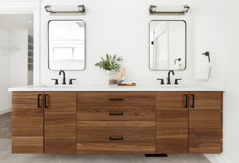 Design ideas for a large country master bathroom in Portland with flat-panel cabinets, medium wood cabinets, white tile, ceramic tile, white walls, porcelain floors, an undermount sink, engineered quartz benchtops, grey floor, white benchtops, a double vanity and a floating vanity.