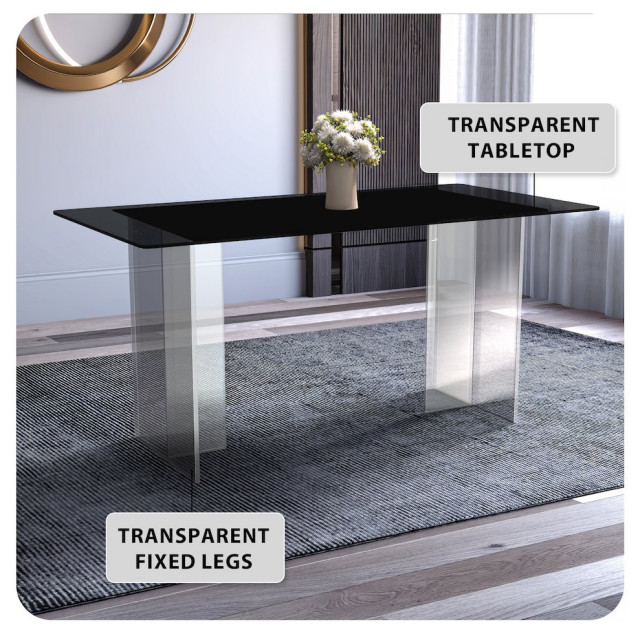 Kova Series Dining Table, Clear Base with 55 Black Glass Top ...