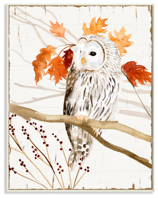 Owl In Fall Forest Animal Watercolor Painting, 10"x15", Wood Art