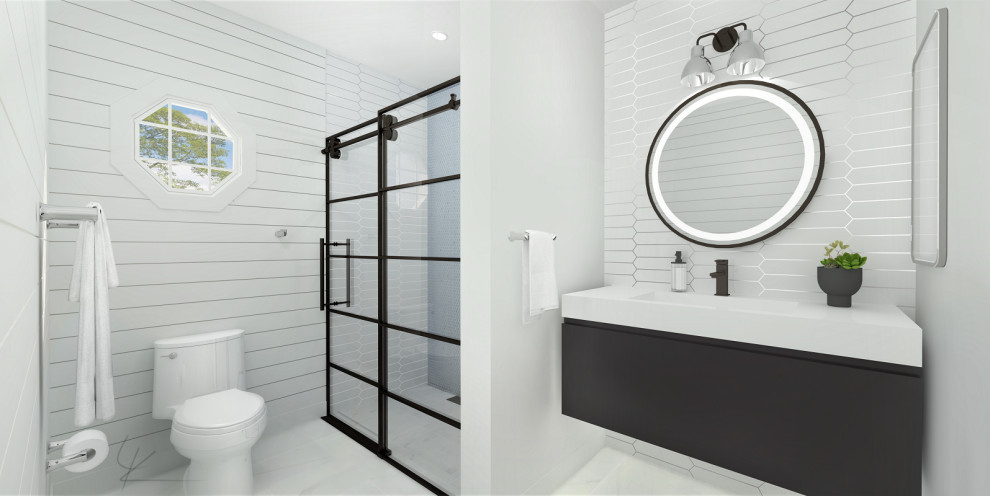 Design ideas for a mid-sized contemporary 3/4 bathroom in Toronto with flat-panel cabinets, dark wood cabinets, a curbless shower, a one-piece toilet, beige tile, wood-look tile, white walls, porcelain floors, an integrated sink, engineered quartz benchtops, white floor, a sliding shower screen, beige benchtops, a niche, a single vanity, a floating vanity and planked wall panelling.