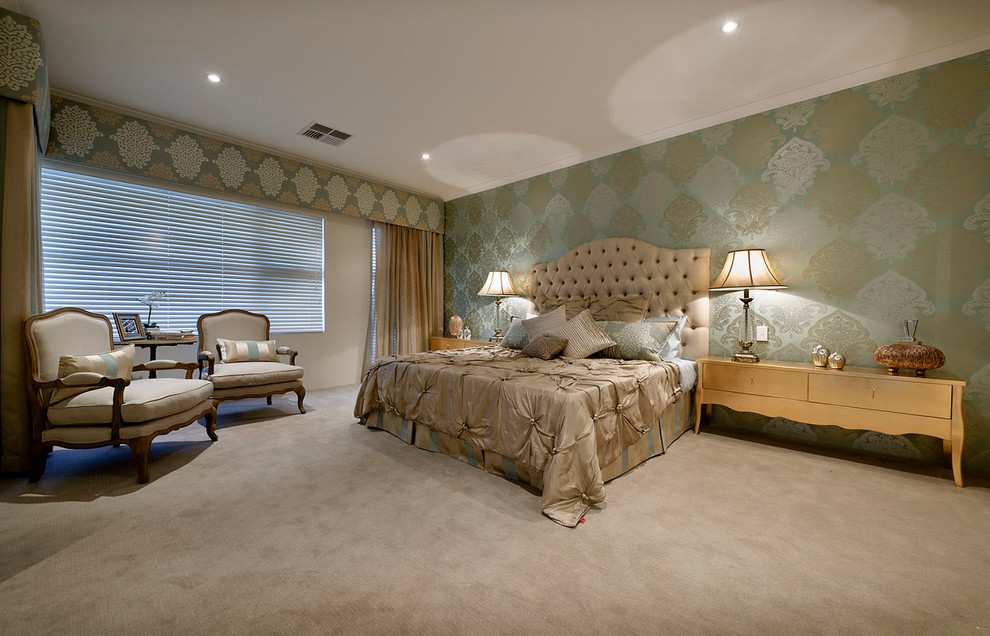 Design ideas for a large contemporary master bedroom in Perth with carpet, no fireplace and beige walls.