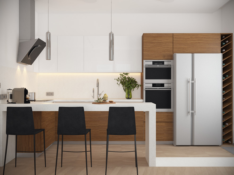 Скандинавский Минимализм. Зона кухни - барная стойка перетекающая линией на полу