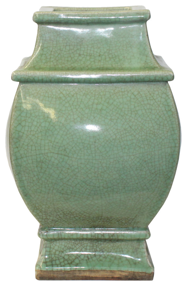 Chinese Ceramic Crackle Pattern Square Curve Body Celadon Green Vase Hws1067