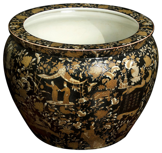 14" Chinoiserie Porcelain Fishbowl Planter Asian Indoor Pots And