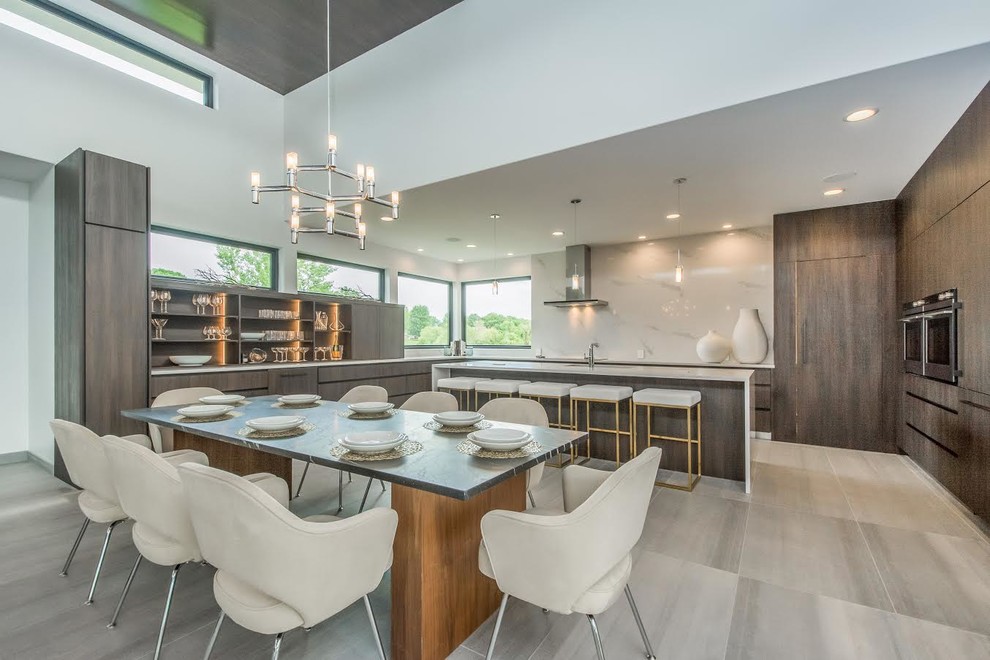 Design ideas for a large modern u-shaped open plan kitchen in Other with an undermount sink, flat-panel cabinets, dark wood cabinets, marble benchtops, white splashback, stone slab splashback, panelled appliances, porcelain floors, with island, grey floor and white benchtop.