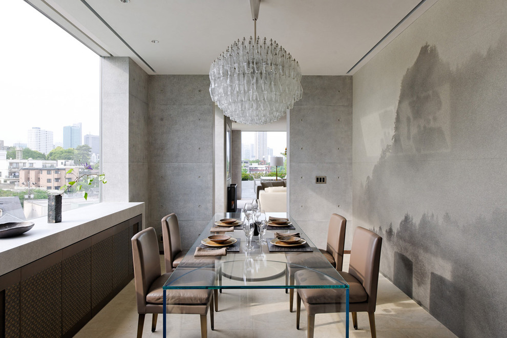 Industrial separate dining room in Tokyo Suburbs with grey walls.