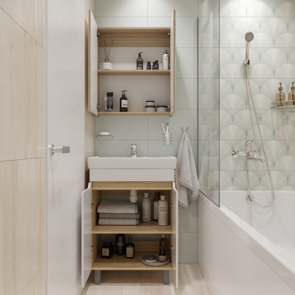 Светлая ванная комната (2,94 кв. м) в современном стиле ; Открывает новую вкладк