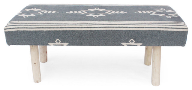 Makayla Handcrafted Boho Cotton Rectangular Bench, Blue/Natural
