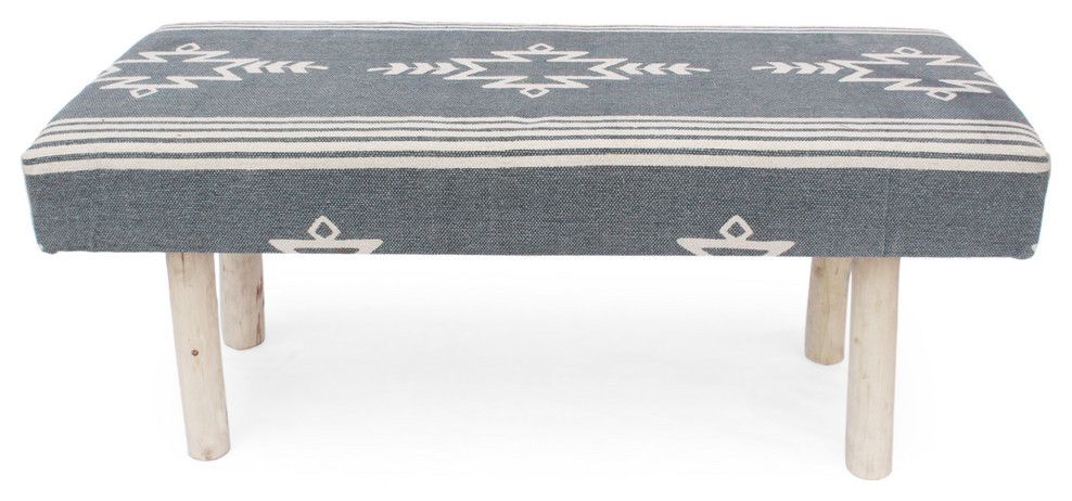Makayla Handcrafted Boho Cotton Rectangular Bench, Blue/Natural
