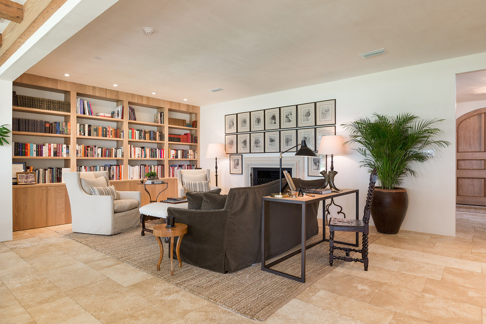 Mid-sized transitional formal open concept living room in Miami with white walls, ceramic floors, a standard fireplace, a stone fireplace surround and no tv.