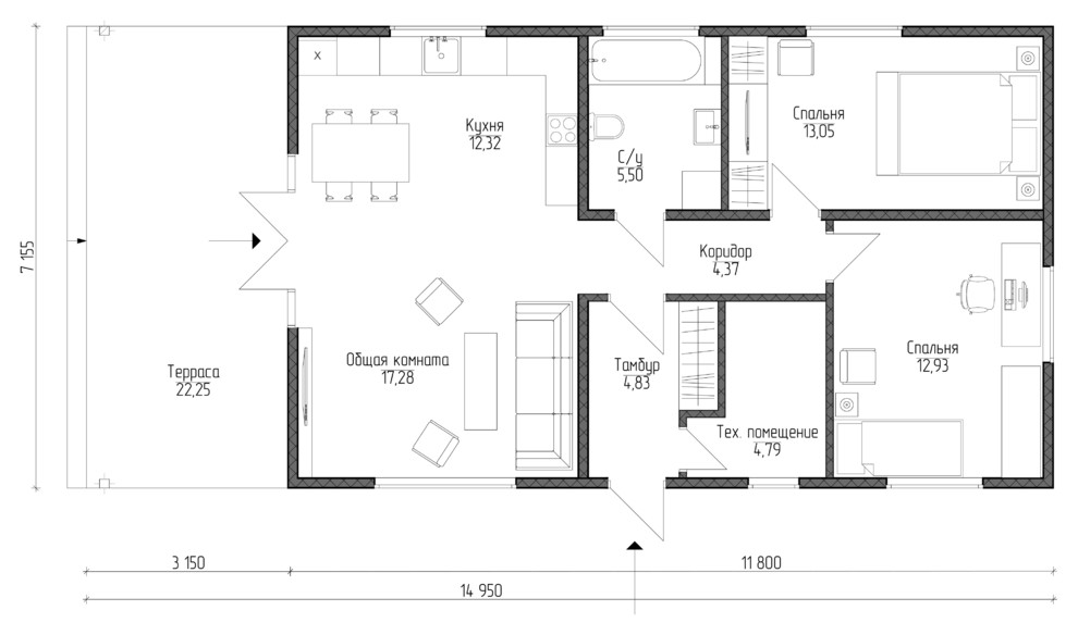 Одноэтажный загородный дом 75 кв.м.
