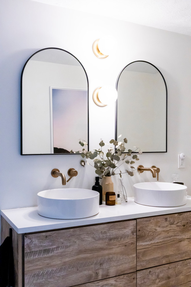 Small minimalist master white tile and terra-cotta tile marble floor, white floor and double-sink bathroom photo in Other with flat-panel cabinets, distressed cabinets, a two-piece toilet, white walls, a vessel sink, quartz countertops, white countertops and a floating vanity