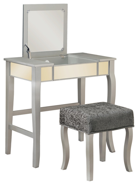 Linon Harper Wood Vanity & Padded Stool Set Front/Side Mirrored Panels in Silver