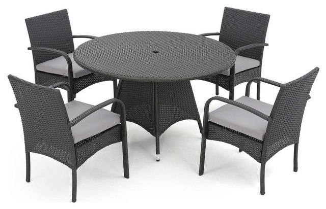 Gdf Studio 5 Piece Portola Outdoor Gray Wicker Dining With Cushions Set