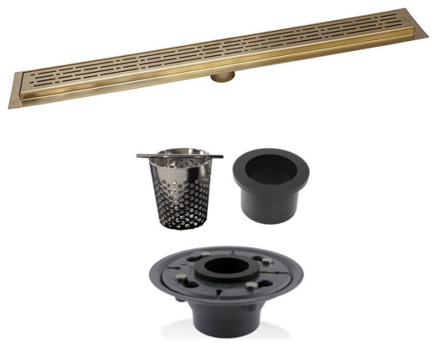Satin Gold Linear Drain, Hair Trap, ABS Drain Flange Set, by SereneDrains, 16 Inch