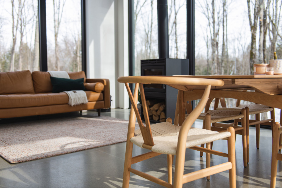 Idee per un soggiorno scandinavo con pareti bianche, pavimento in cemento, stufa a legna, pavimento grigio e soffitto a volta