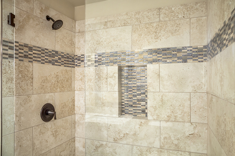 Mid-sized transitional beige tile and porcelain tile porcelain tile and beige floor alcove shower photo in Phoenix with shaker cabinets, dark wood cabinets, a two-piece toilet, beige walls, an undermount sink, granite countertops and a hinged shower door