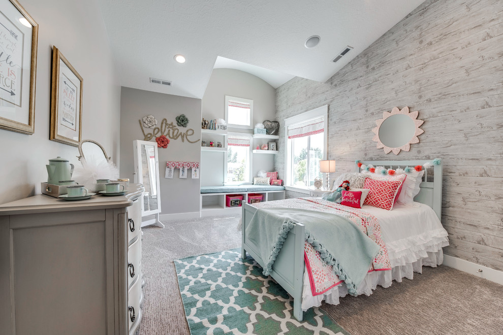 Photo of a mid-sized transitional kids' room for girls in Salt Lake City with grey walls and carpet.