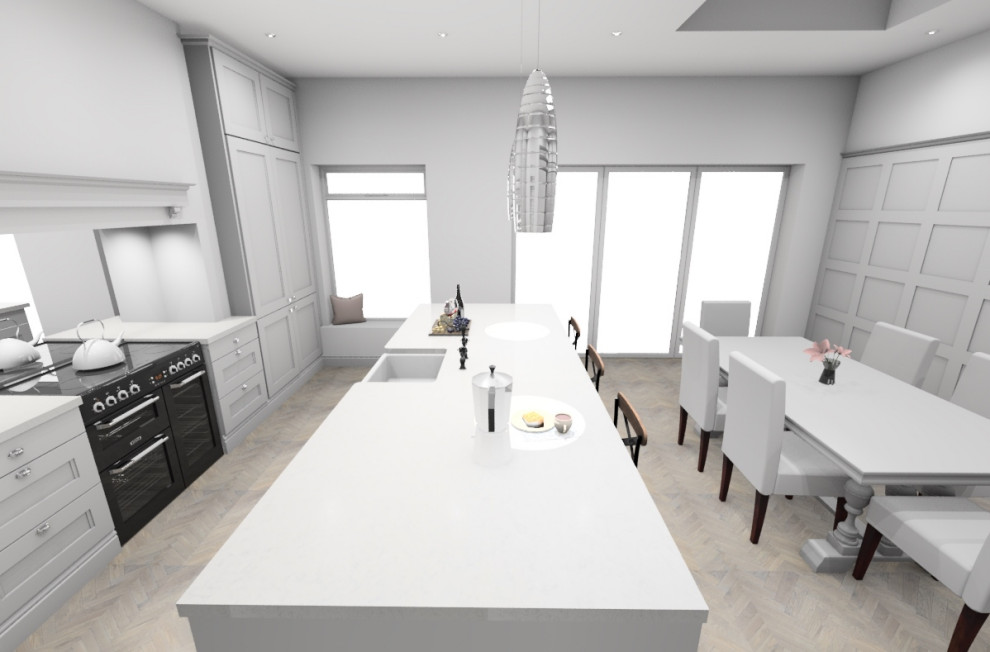 Photo of a mid-sized traditional galley eat-in kitchen in Other with an integrated sink, shaker cabinets, grey cabinets, quartzite benchtops, metallic splashback, mirror splashback, panelled appliances, medium hardwood floors, with island, grey floor and white benchtop.