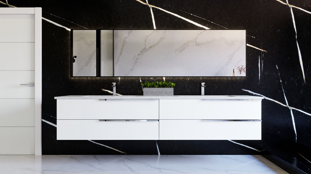 This is an example of a mid-sized contemporary master bathroom in Miami with flat-panel cabinets, white cabinets, a drop-in tub, an open shower, a wall-mount toilet, white tile, marble, marble floors, a drop-in sink, quartzite benchtops, an open shower, white benchtops, a shower seat, a double vanity, a floating vanity, black walls and grey floor.