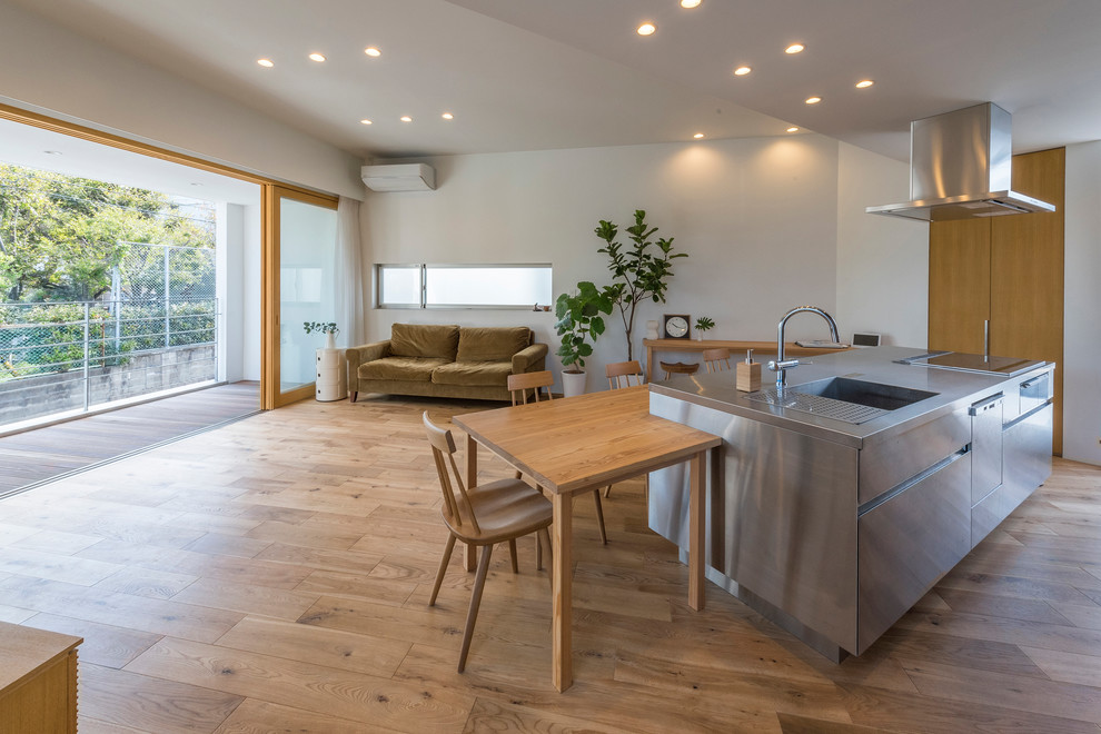 This is an example of a scandinavian open plan kitchen in Other with an integrated sink, flat-panel cabinets, grey cabinets, stainless steel benchtops and medium hardwood floors.