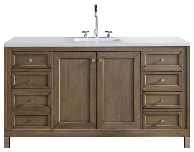 Chicago 60 Single Vanity White Washed Walnut Transitional Chicago 60 Single Vanity White Washed Walnut 3cm Snow Quartz Top